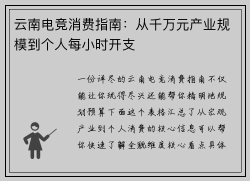 云南电竞消费指南：从千万元产业规模到个人每小时开支